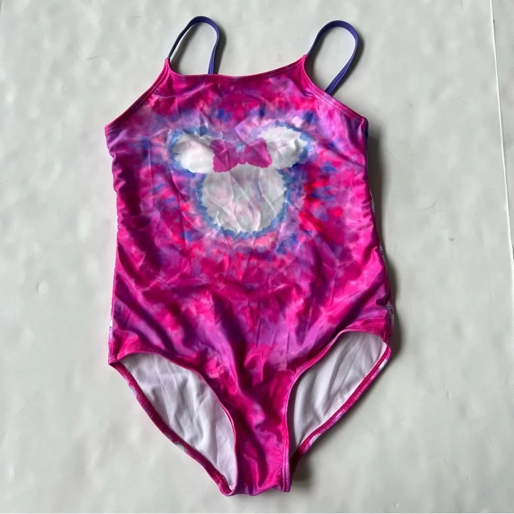 Disney Minnie Mouse Girls One Piece Bathing Suit Tie Dye Pink Bow 10/12